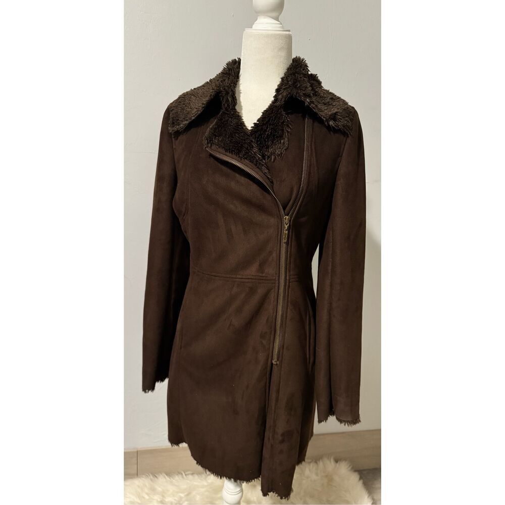 Candies brown faux suede coat faux fur lining front zipper M